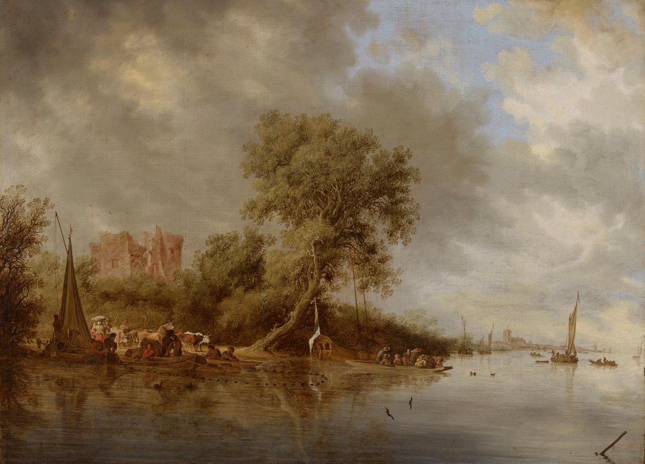 与埃格蒙德城堡的废墟的河风景，1641年。 作者 Salomon van Ruisdael或Ruysdael