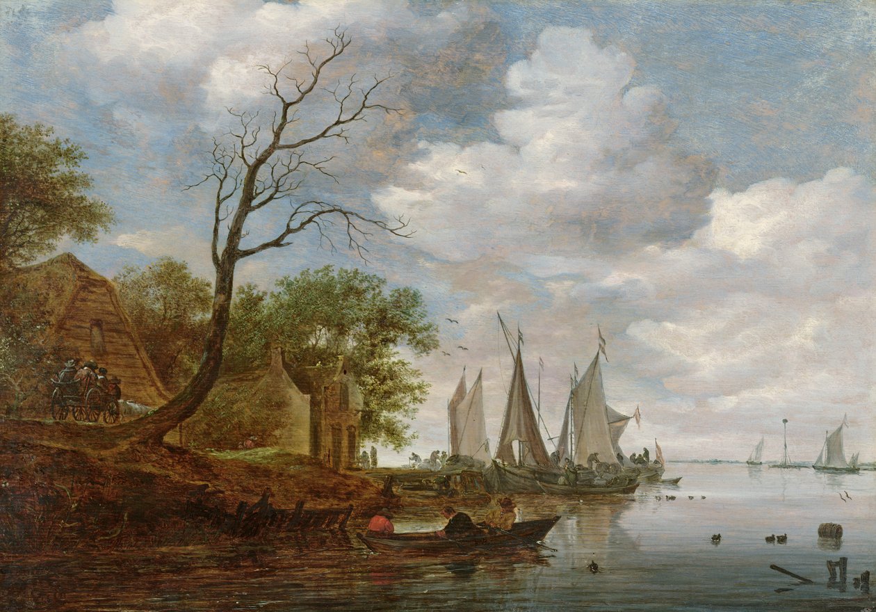 帆船岸边卸货的河景（板油画） 作者 Salomon van Ruisdael或Ruysdael