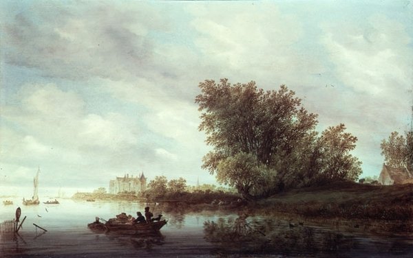 带有城堡的森林河流景观（板面油画 作者 Salomon van Ruisdael或Ruysdael