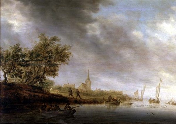 带有驳船的森林河流景观 作者 Salomon van Ruisdael或Ruysdael
