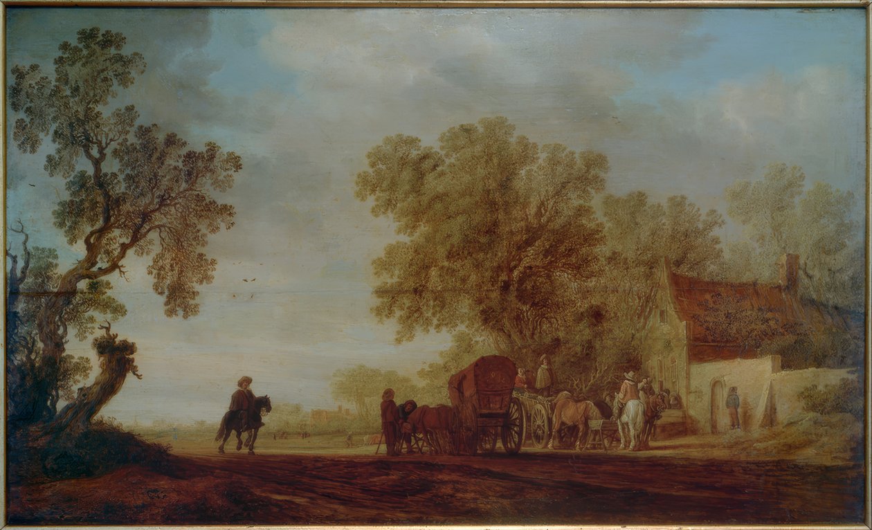 小酒馆和旅行者的乡间小路 作者 Salomon van Ruisdael或Ruysdael