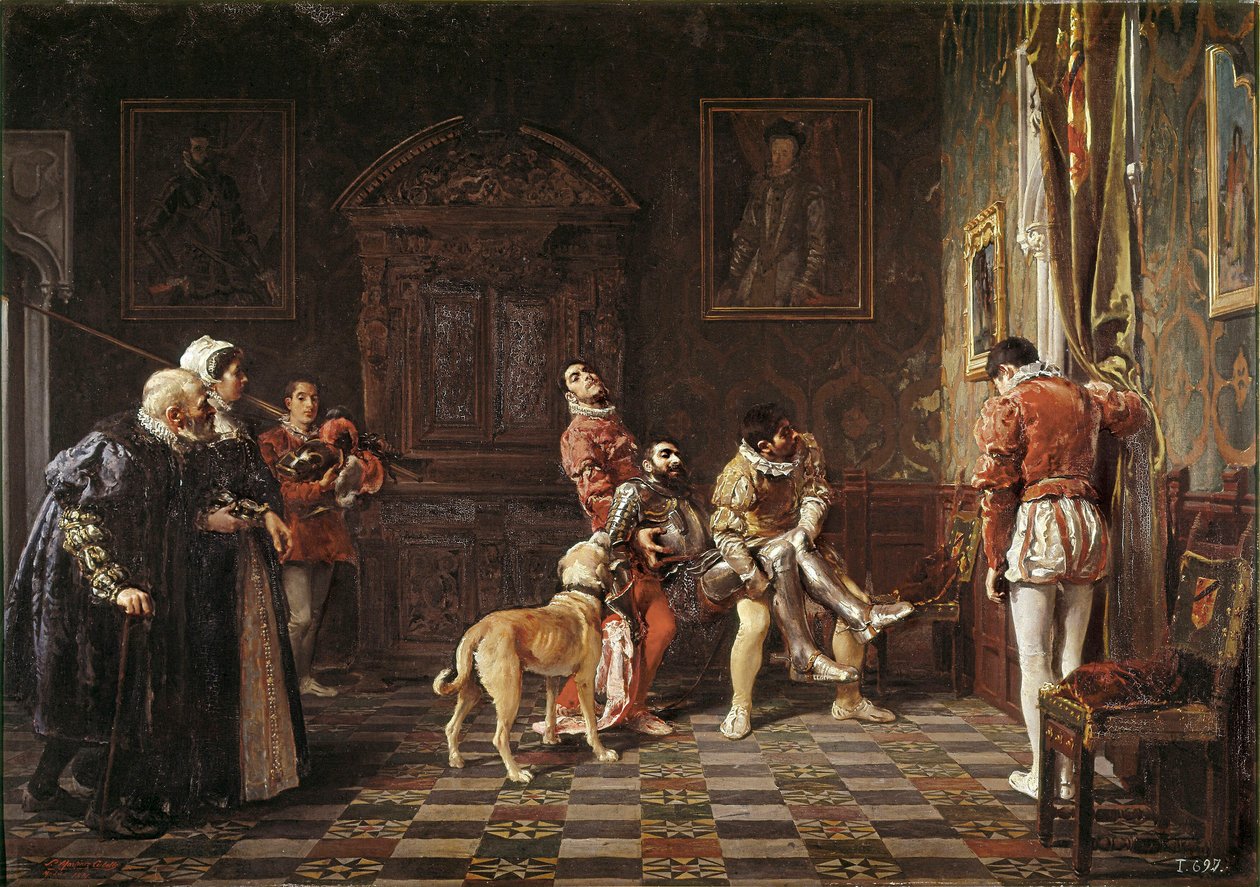 “" Return of the tournament "” A young knight hurts is brought back to the palace, supported by two pages. Painting by Salvador Martinez Cubells (1845-1914) 1881 Valencia. Museum of Bellas Artes San Pio 作者 萨尔瓦多·马丁内斯·库贝尔斯