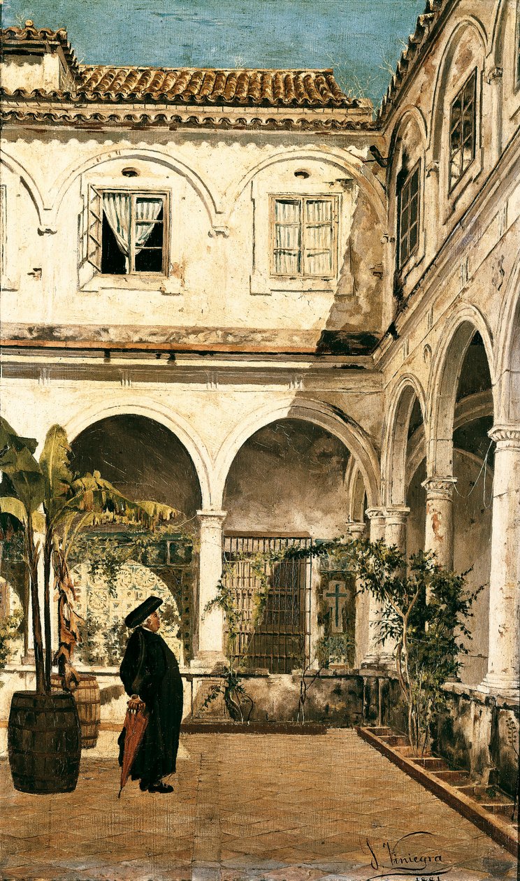 “" The father Salabot in the cloister of the Monastery of Saint Francois of Cadiz (Cadiz) "” Painting by Salvador Viniegra y Lasso (1862-1915) 1881 Cadiz. Museum of Cadiz. spain 作者 萨尔瓦多（Salvador Viniegra）和拉索（Lasso de la Vega）