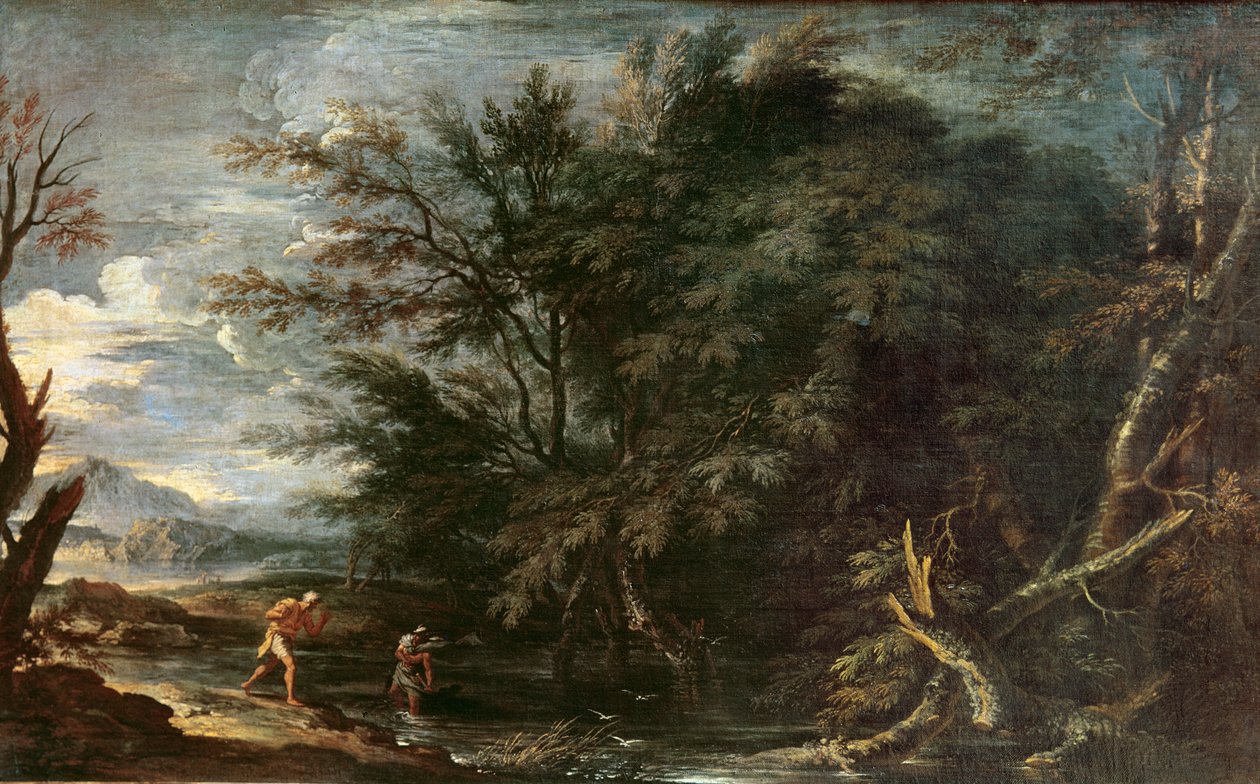 与水星和不诚实的樵夫一起景观，c.1650 作者 救世主罗莎