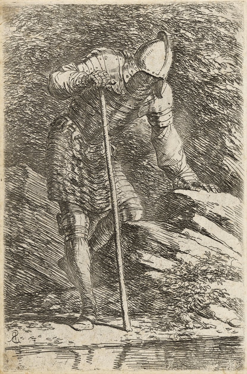 头盔和盔甲的士兵关于溪流，c.1656-57（在干燥点的纸上蚀刻） 作者 救世主罗莎