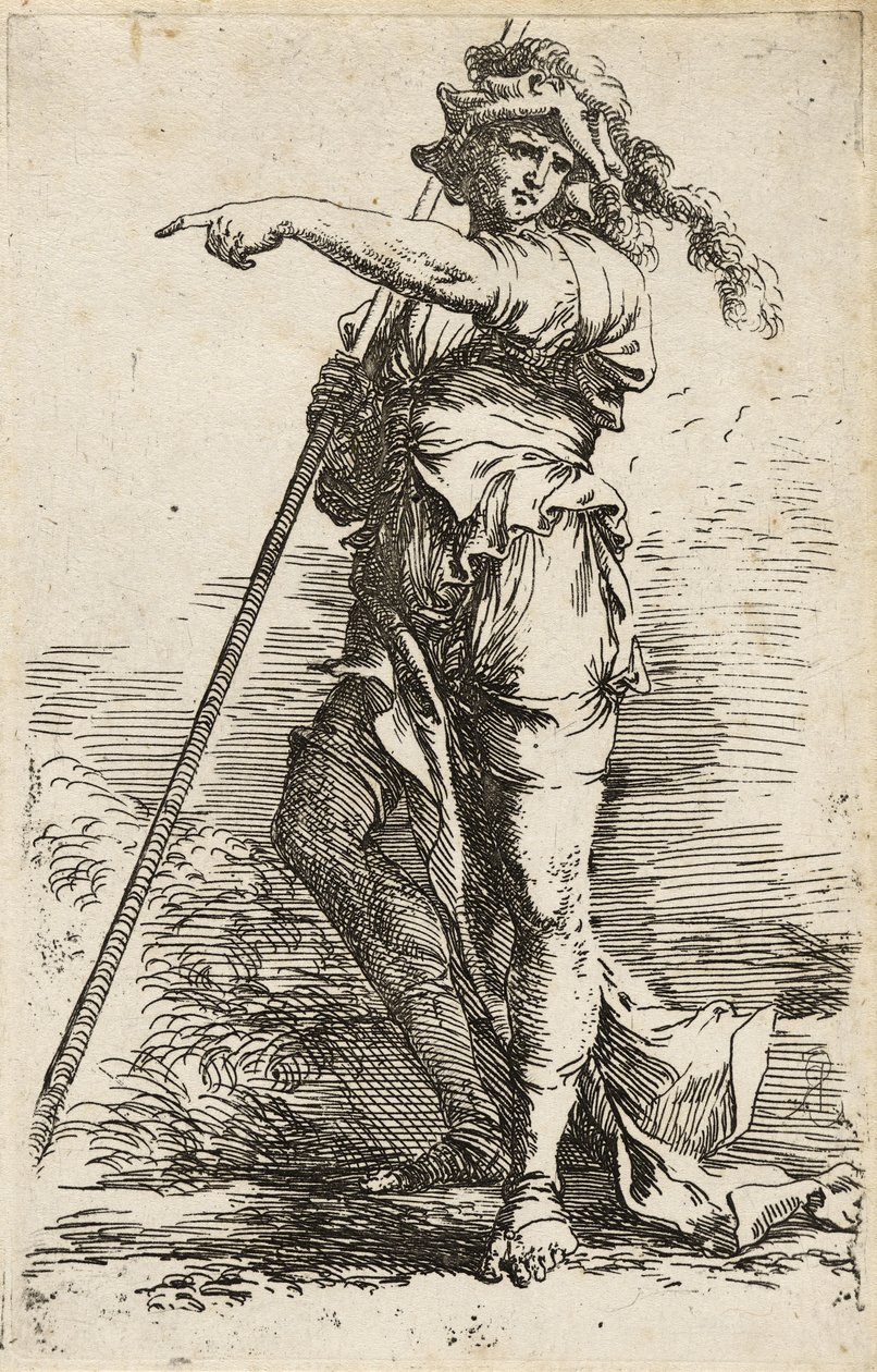 站立的战士，肩膀上有一个长长的工作人员并且指着，c.1656-57（在纸上用干点蚀刻） 作者 救世主罗莎