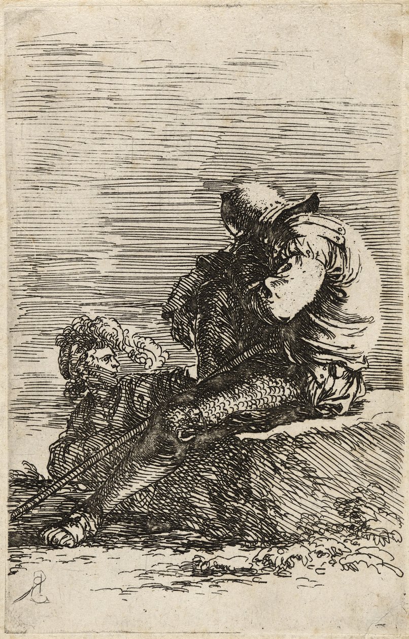 两名士兵，一名坐在拿着手杖的壁架上，c.1656-57（在纸上蚀刻） 作者 救世主罗莎