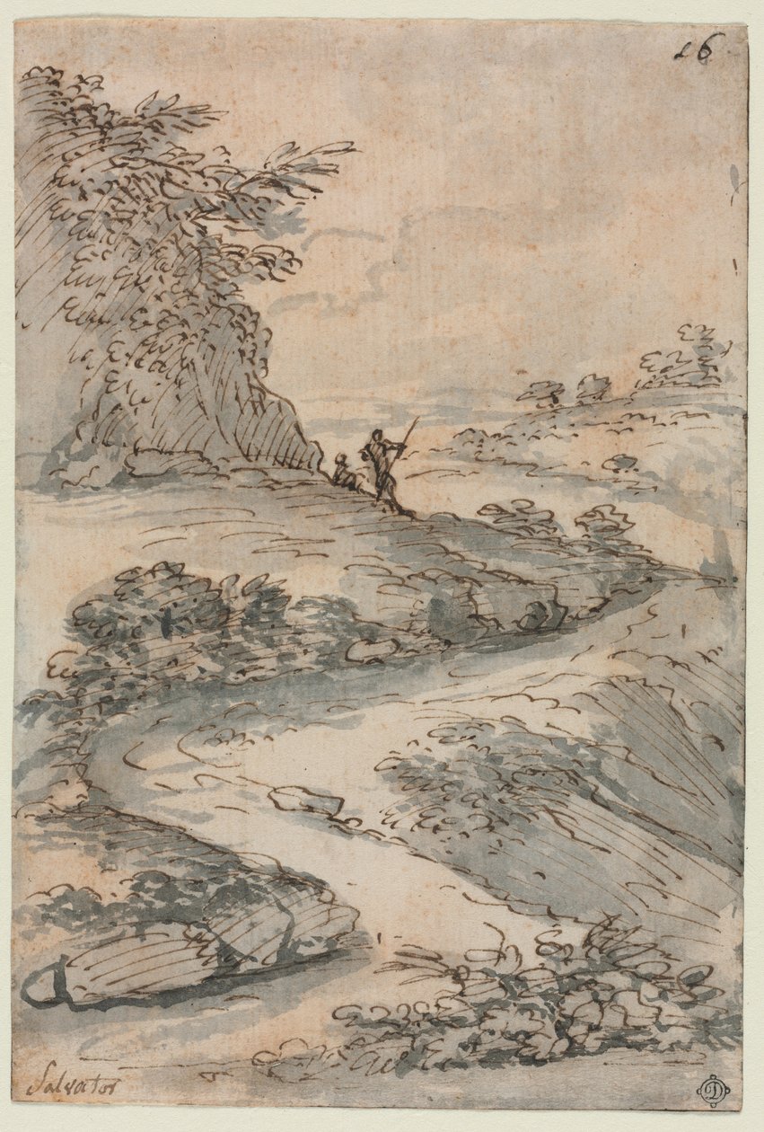 1600年代中期，蜿蜒的道路上的人物。 作者 救世主罗莎