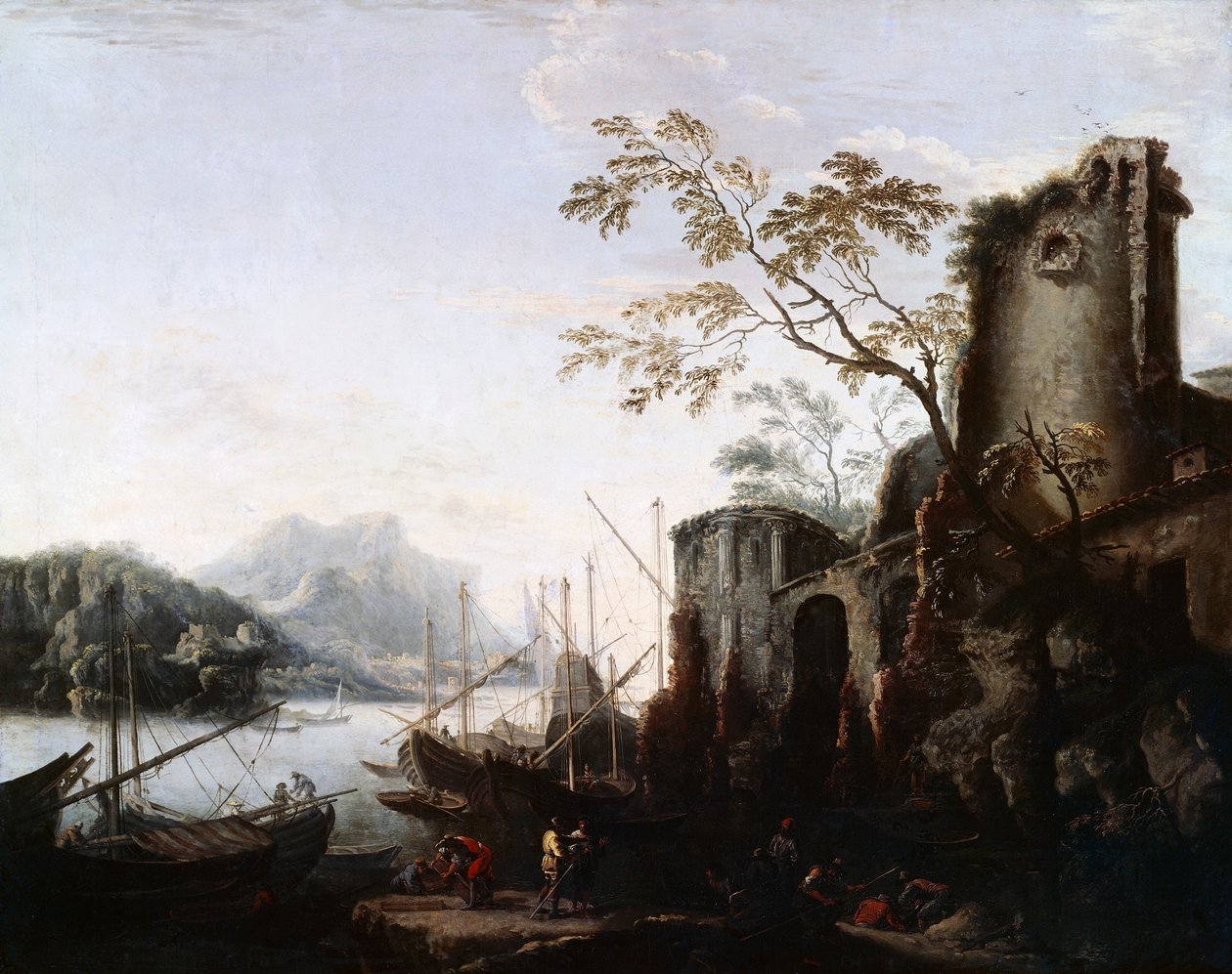 带有船和废墟的塔的海洋景观（带塔的海洋景观），c.1645， 作者 救世主罗莎