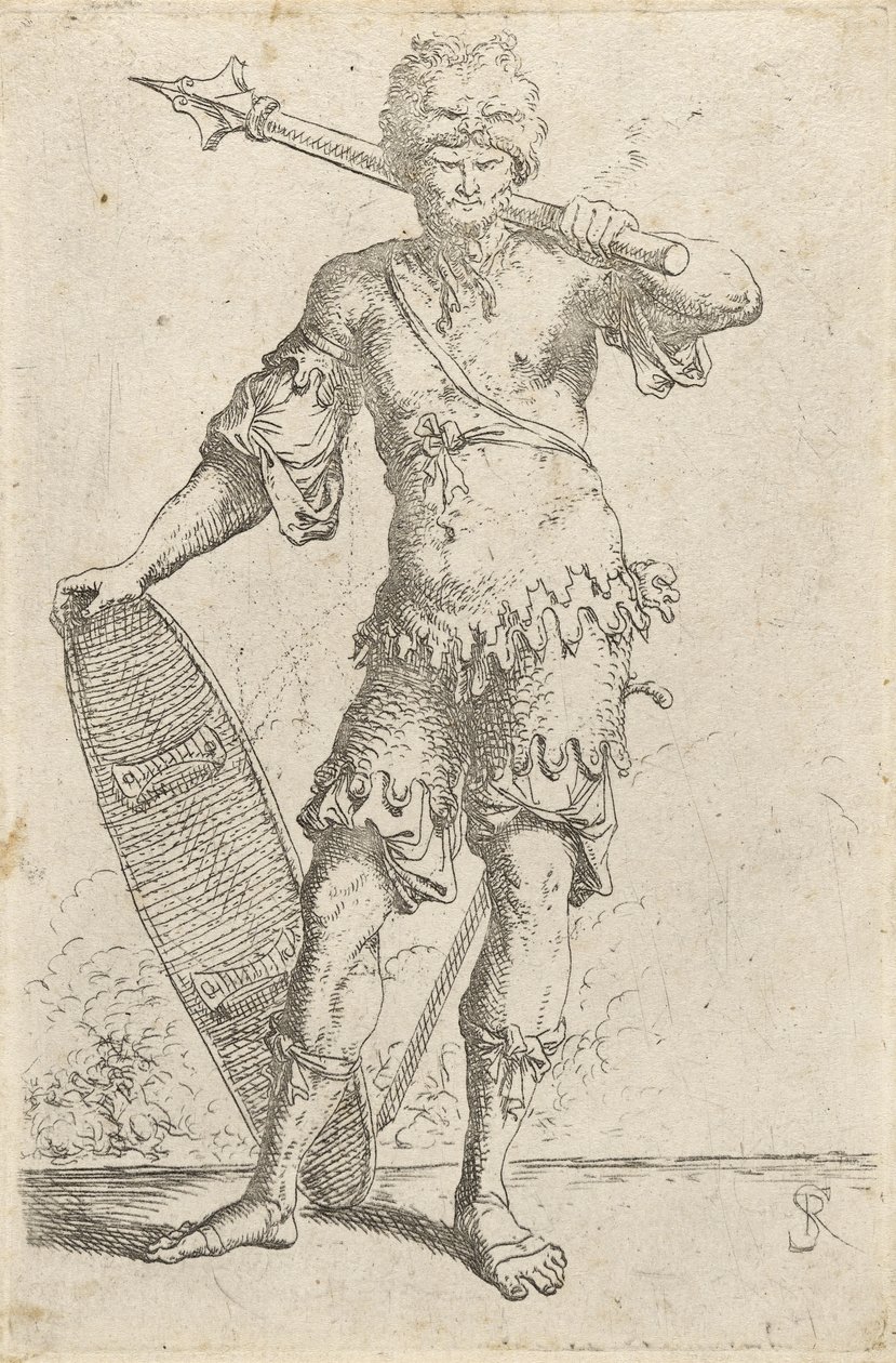 站立异国情调的战士戴着狮子头帽，拿着锤子和盾牌，c.1656-57（蚀刻在纸上） 作者 救世主罗莎