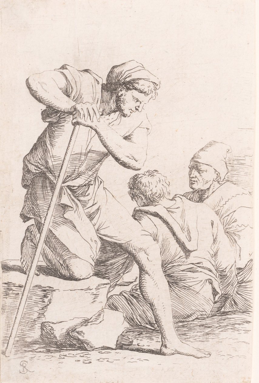 两个人坐着，另一个人拿着法杖跪在石头上，来自于Seri...，约1656-1657。 作者 救世主罗莎