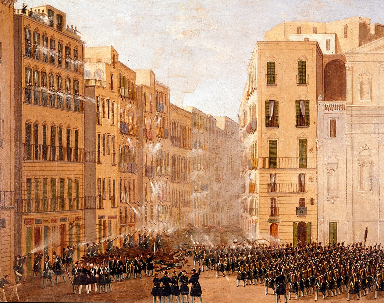 波旁军队对 1848 年 5 月那不勒斯的起义作出反应。 Salvatore Fergola (1799-1877) 绘画，那不勒斯，圣马蒂诺国家博物馆 作者 萨尔瓦多·费戈拉