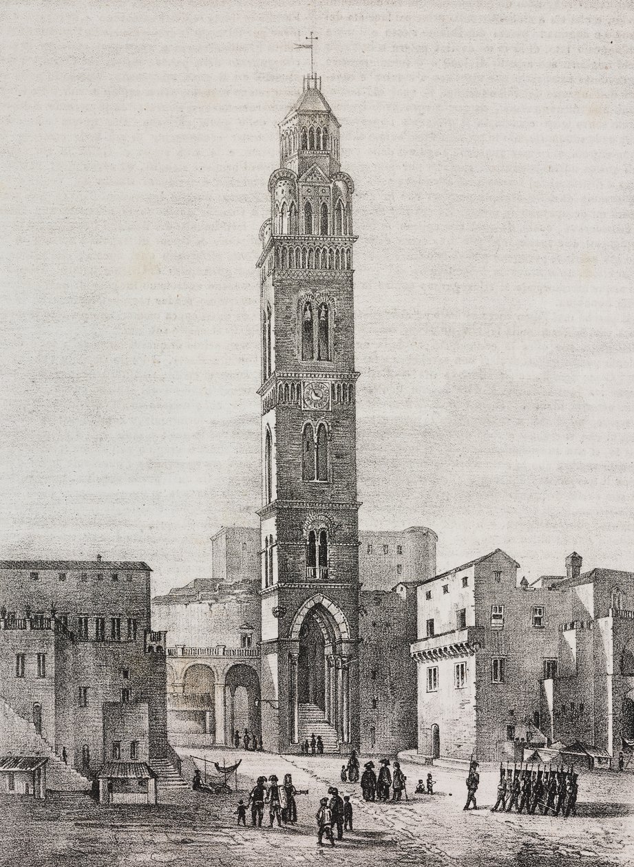 Bell tower of Gaeta cathedral, Lazio, Italia, lithograph by Salvatore Puglia after drawing by Pasquale Mattei (1813-1879), from Poliorama Pittoresco, n 48, July 6 作者 萨尔瓦多·普利亚