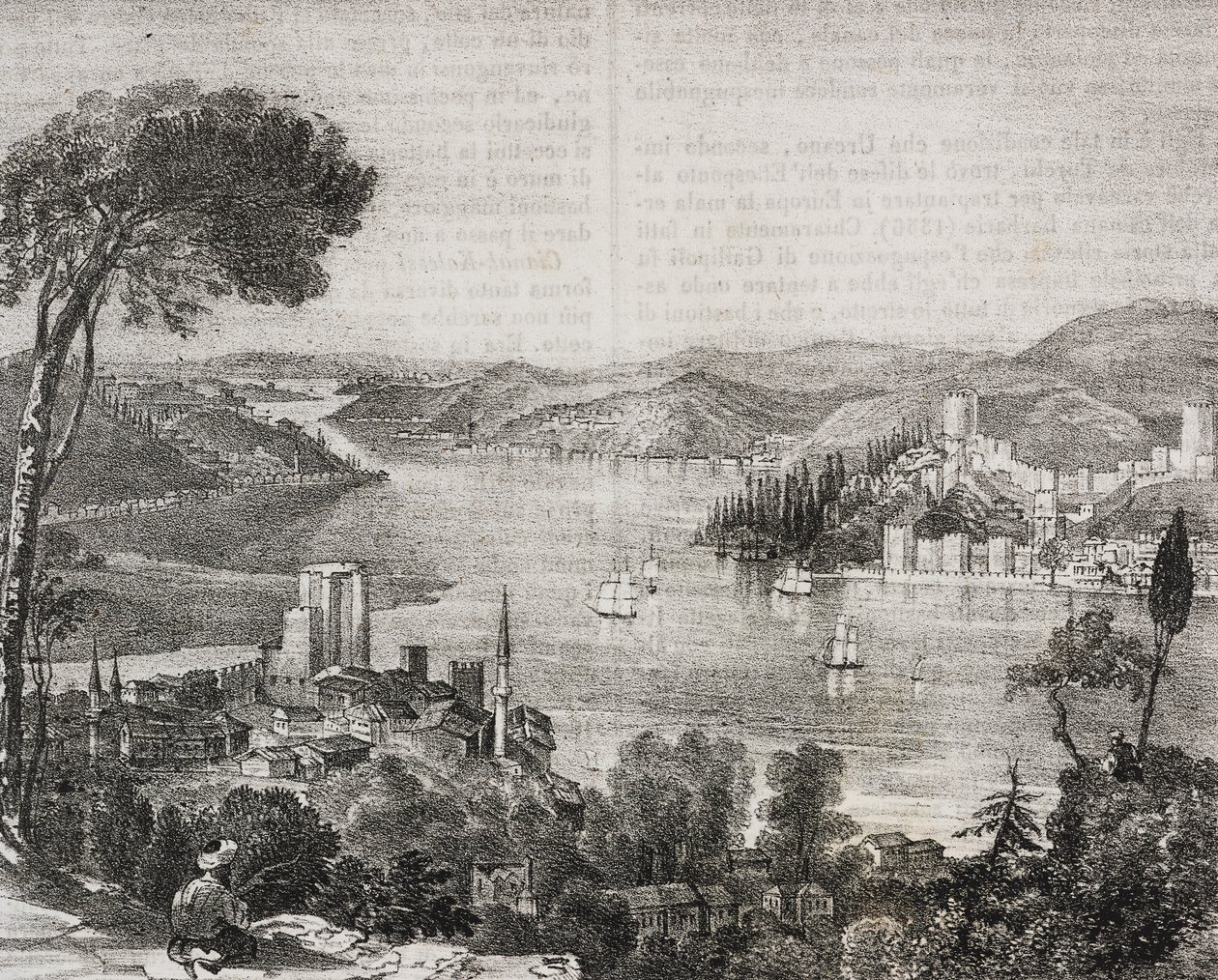 土耳其亚欧海岸上的博斯普鲁斯城堡，Gaetano Riccio 的石版画，选自 Poliorama Pittoresco，第 18 期，12 月 9 日 作者 萨尔瓦多·普利亚