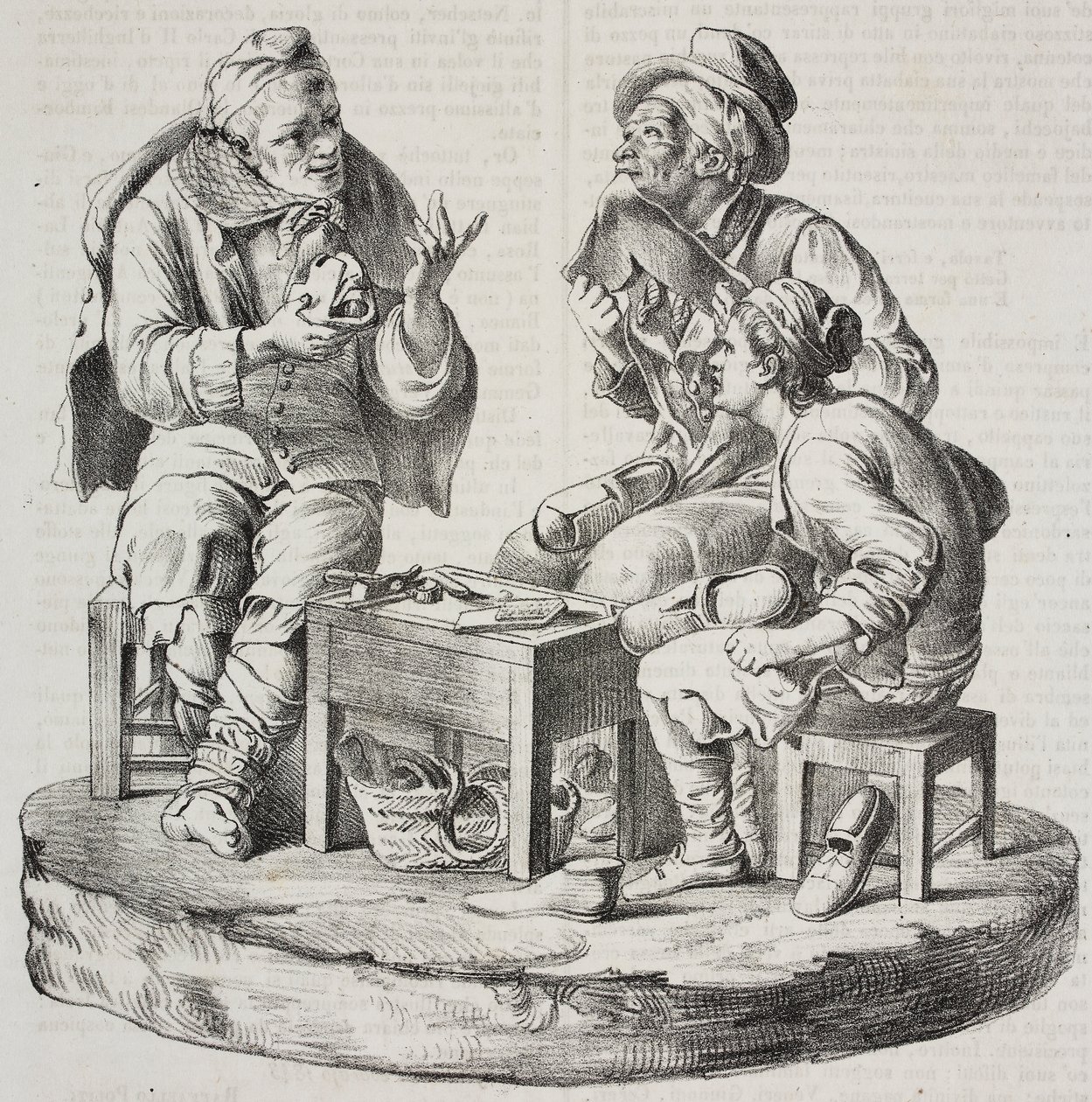 争议中的修鞋匠，Giacomo Bongiovanni 和 Giuseppe Vaccaro 的雕像，Salvatore Puglia 的石版画，来自 Poliorama Pittoresco，第 32 期，3 月 18 日 作者 萨尔瓦多·普利亚
