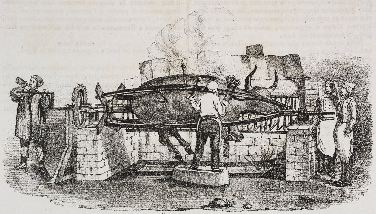 巨大的烤肉，萨尔瓦托·普利亚 (Salvatore Puglia) 石版画，来自 Poliorama Pittoresco，n 4，9 月 2 日 作者 萨尔瓦多·普利亚
