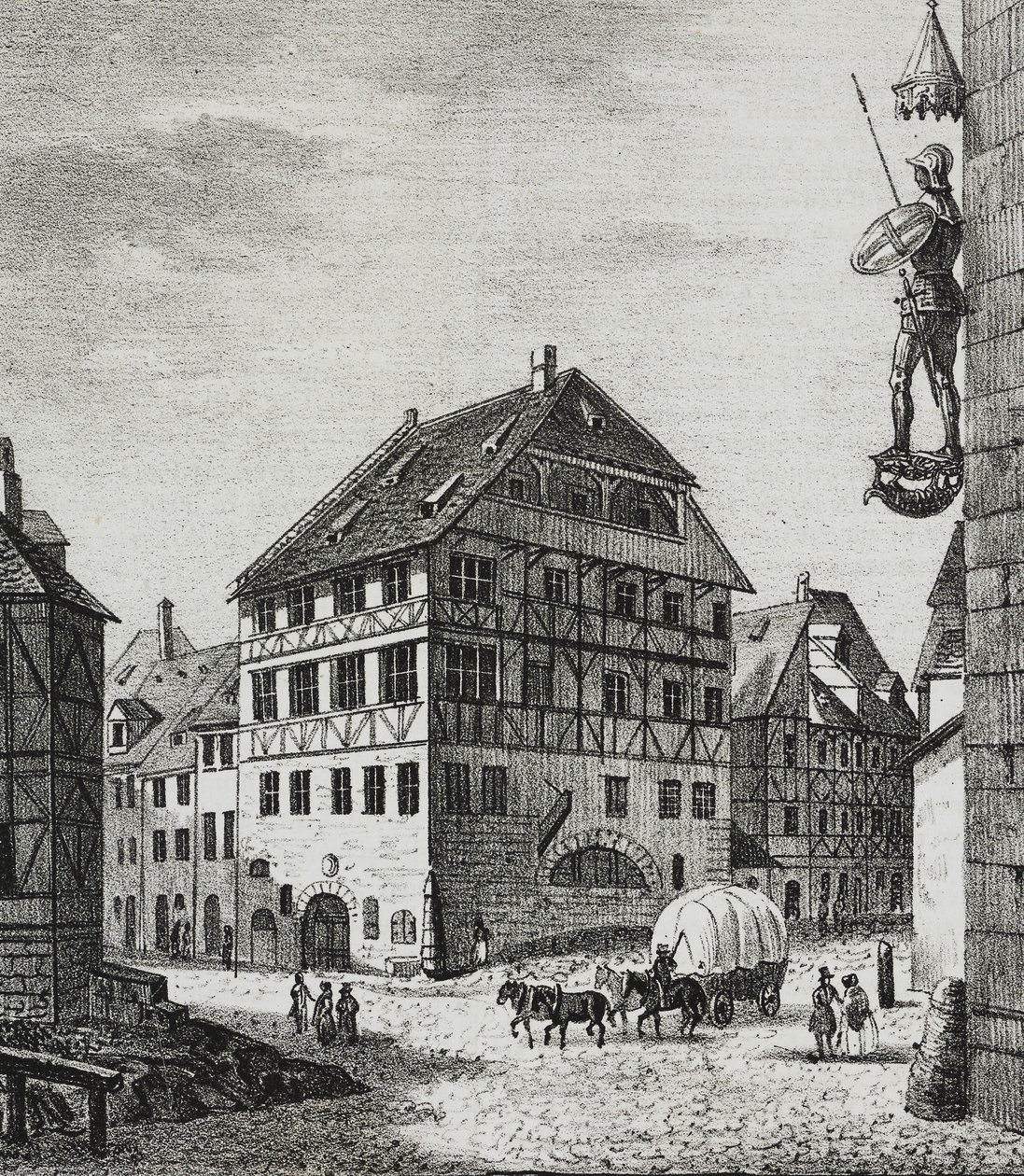 德国纽伦堡的阿尔布雷希特·丢勒 (Albrecht Durer) 之家 (1471-1528)，萨尔瓦托·普利亚 (Salvatore Puglia) 石版画，来自 Poliorama Pittoresco，n 31，3 月 12 日 作者 萨尔瓦多·普利亚