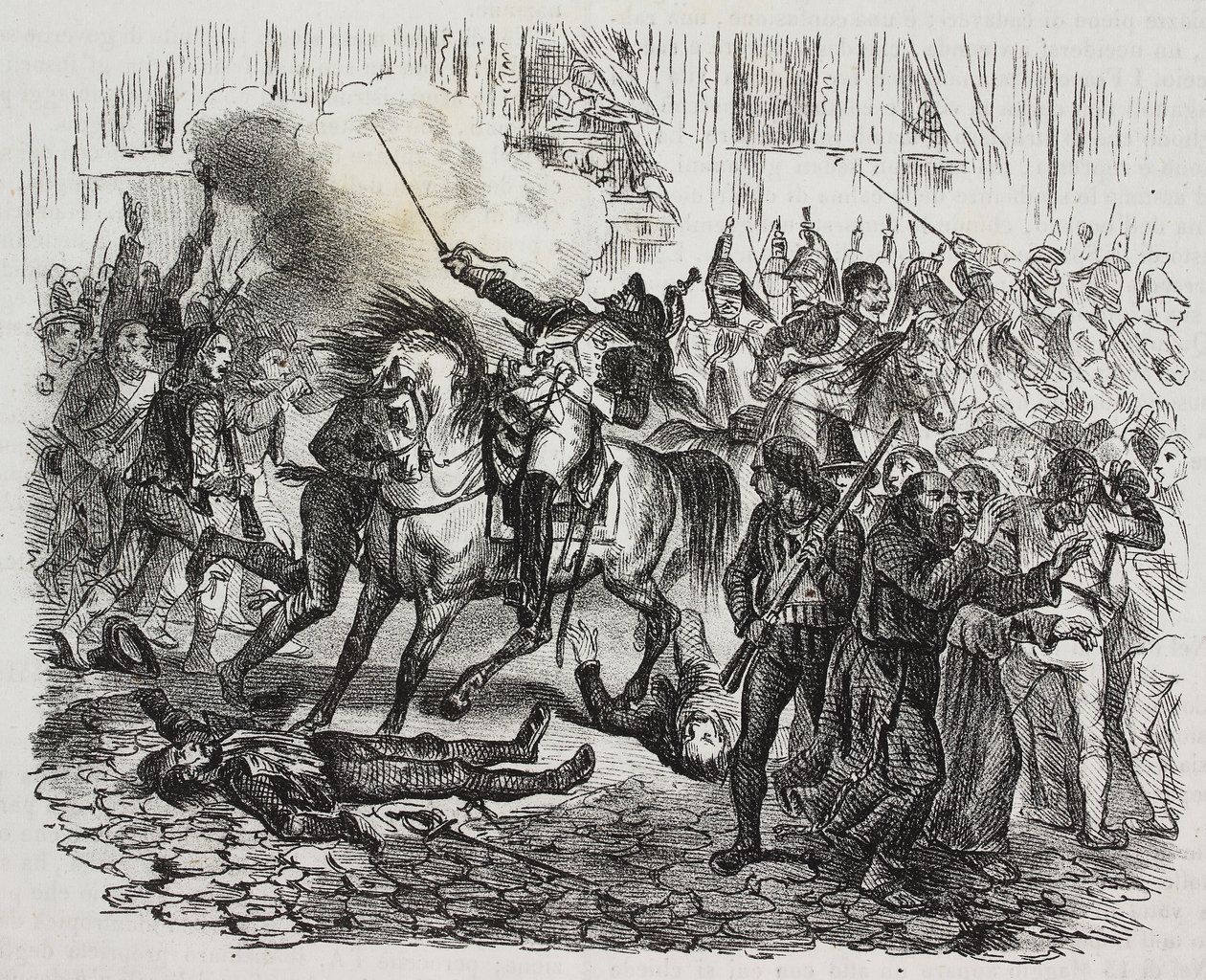 《马德里起义》，萨尔瓦多·普利亚 (Salvatore Puglia) 的石版画，出自切萨雷·马尔皮卡 (Cesare Malpica) (1804-1848) 的《拿破仑历史》，出自《Poliorama Pittoresco》，n 47，7 月 1 日 作者 萨尔瓦多·普利亚