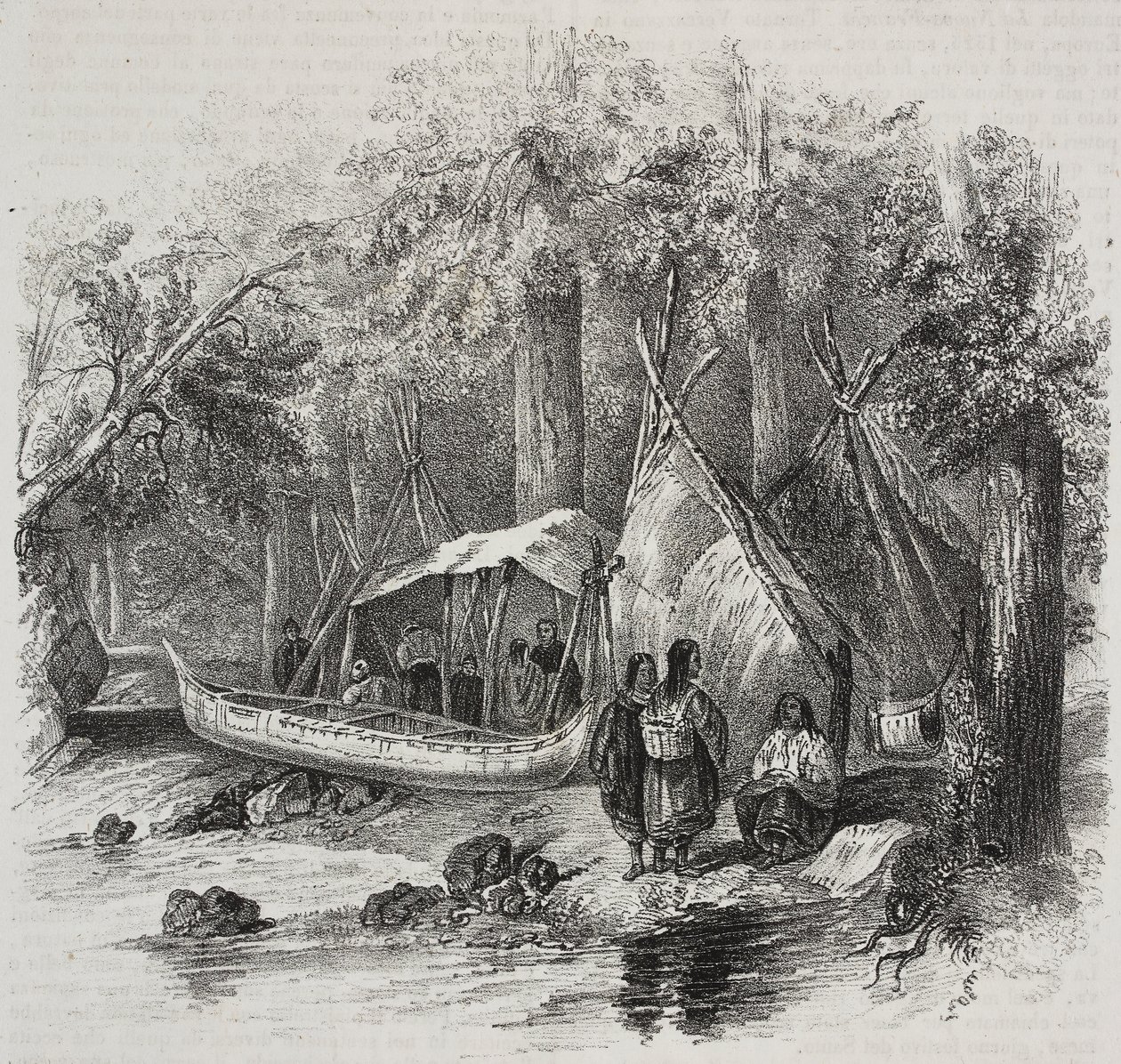 加拿大的美洲原住民，萨尔瓦托·普利亚 (Salvatore Puglia) 石版画，来自 Poliorama Pittoresco，n 43，6 月 3 日 作者 萨尔瓦多·普利亚