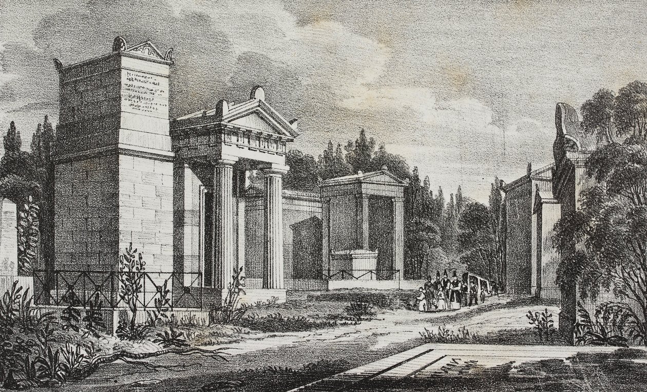 法国巴黎 Pere-Lachaise 公墓，Salvatore Puglia 的石版画，选自 Poliorama Pittoresco，第 19 期，12 月 17 日 作者 萨尔瓦多·普利亚