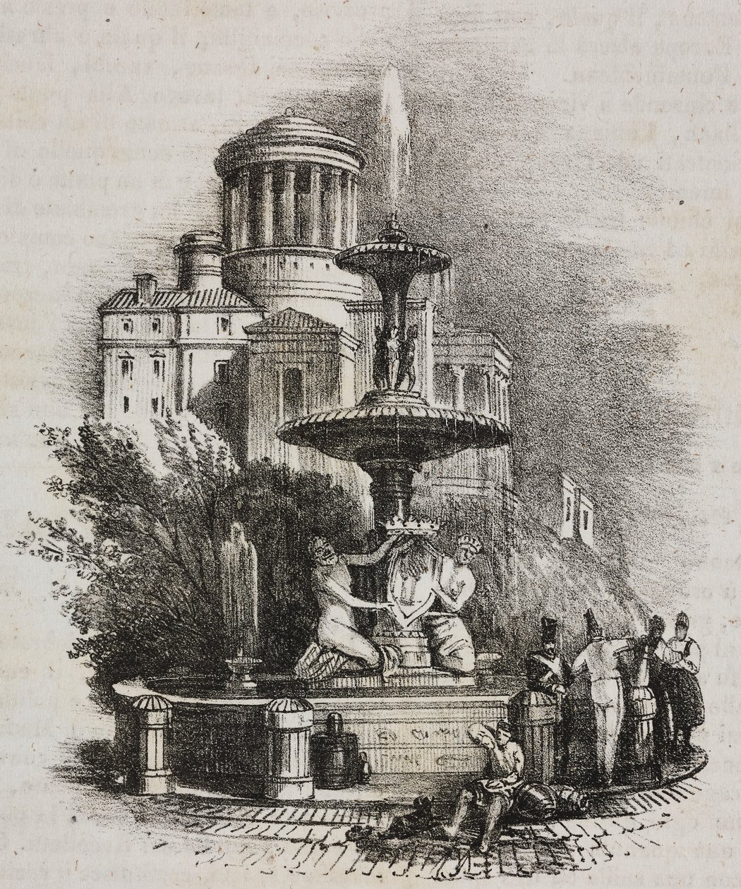西班牙马德里普拉多喷泉，萨尔瓦多-普利亚石版画，选自 Poliorama Pittoresco，第 39 期，5 月 4 日 作者 萨尔瓦多·普利亚