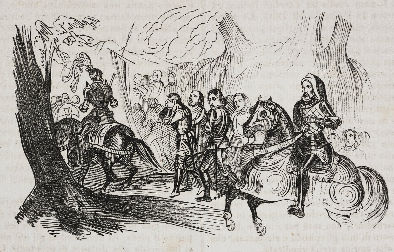 战士返回巴列塔接受挑战，意大利普利亚，萨尔瓦托·普利亚版画，Poliorama Pittoresco，n 30，3 月 1 日 作者 萨尔瓦多·普利亚