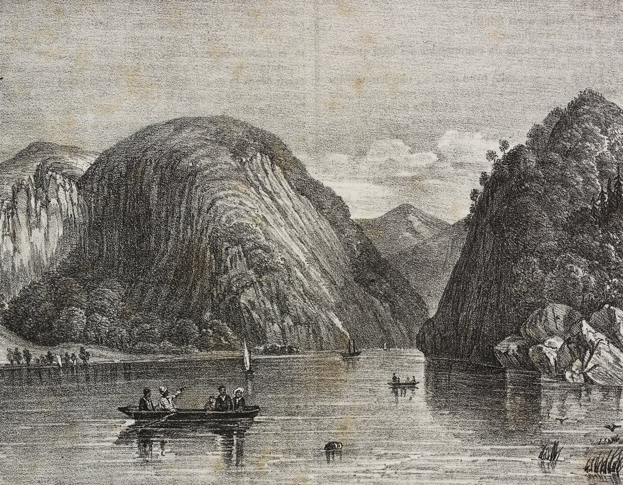 美利坚合众国乔治湖的罗杰斯通道，萨尔瓦托·普利亚 (Salvatore Puglia) 石版画，来自 Poliorama Pittoresco，n 33，3 月 25 日 作者 萨尔瓦多·普利亚