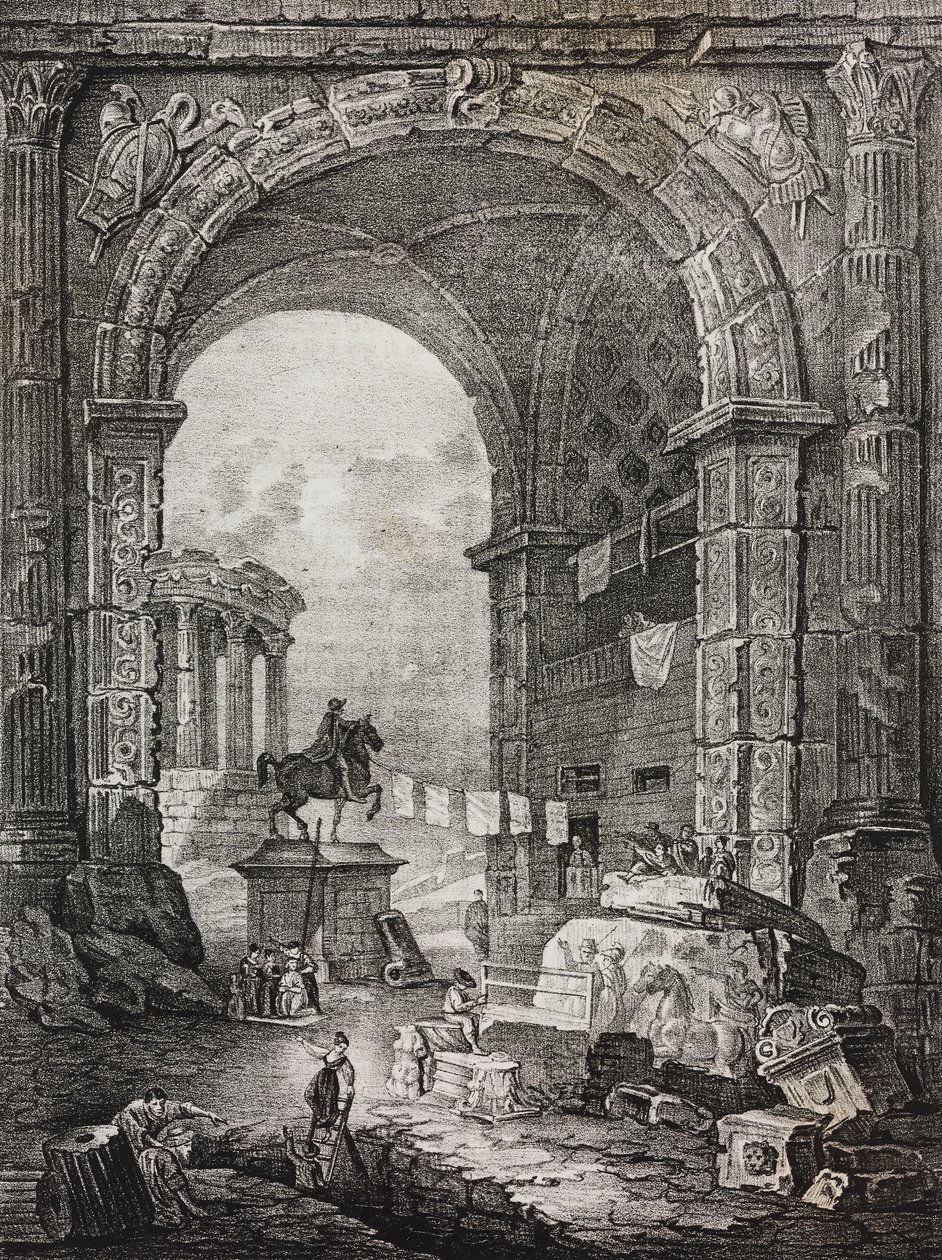 罗马废墟，休伯特·罗伯特（Hubert Robert，1733-1808 年）绘画，萨尔瓦托·普利亚 (Salvatore Puglia) 石版画，来自 Poliorama Pittoresco，n 28，2 月 17 日 作者 萨尔瓦多·普利亚