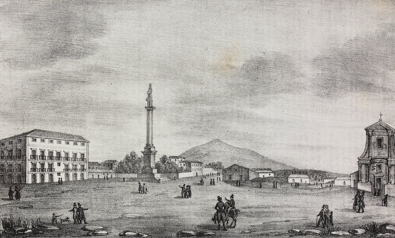 意大利西西里岛卡塔尼亚的雕像广场，Salvatore Puglia 的石版画，选自 Poliorama Pittoresco 第 15 期，11 月 19 日 作者 萨尔瓦多·普利亚