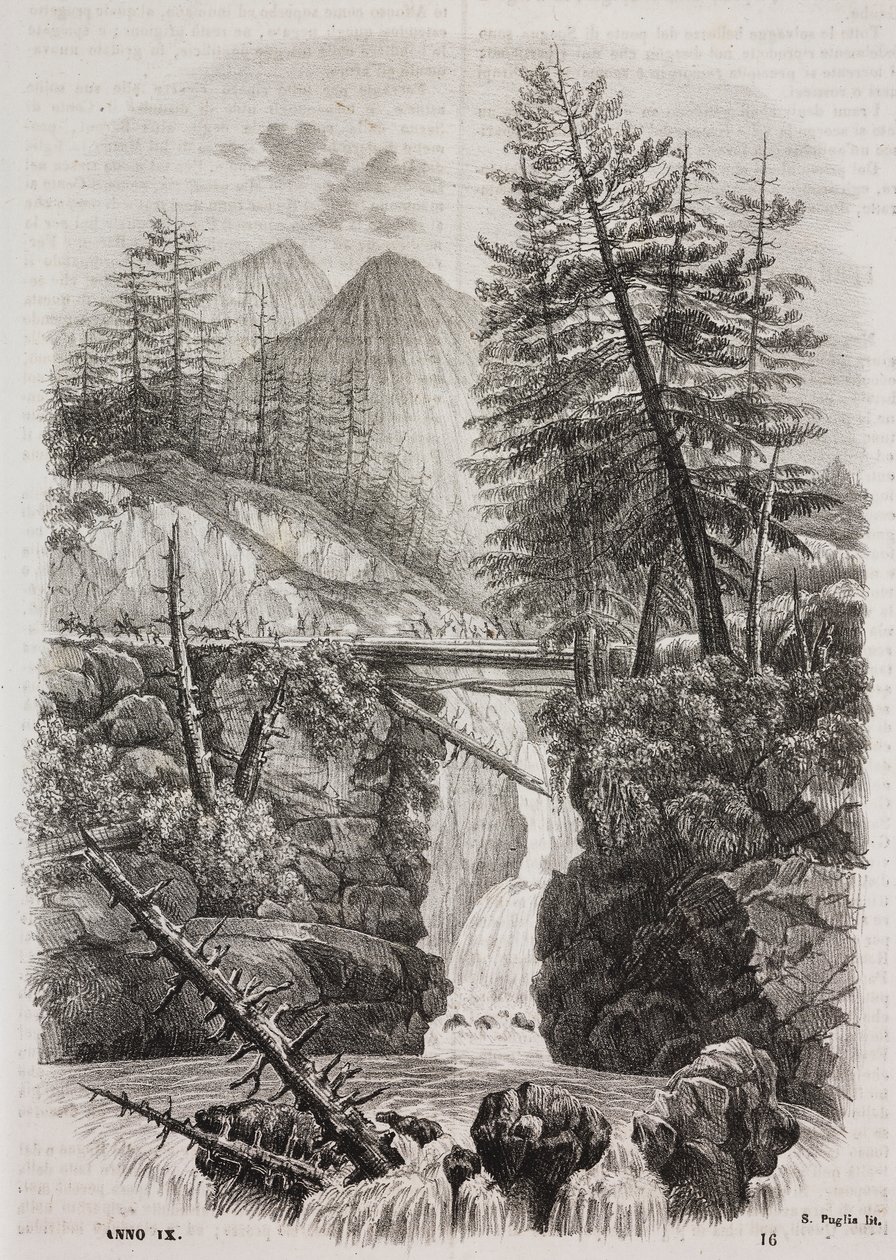 西班牙比利牛斯山脉上的吊桥，Salvatore Puglia 的石版画，选自 Poliorama Pittoresco，第 16 期，11 月 23 日 作者 萨尔瓦多·普利亚