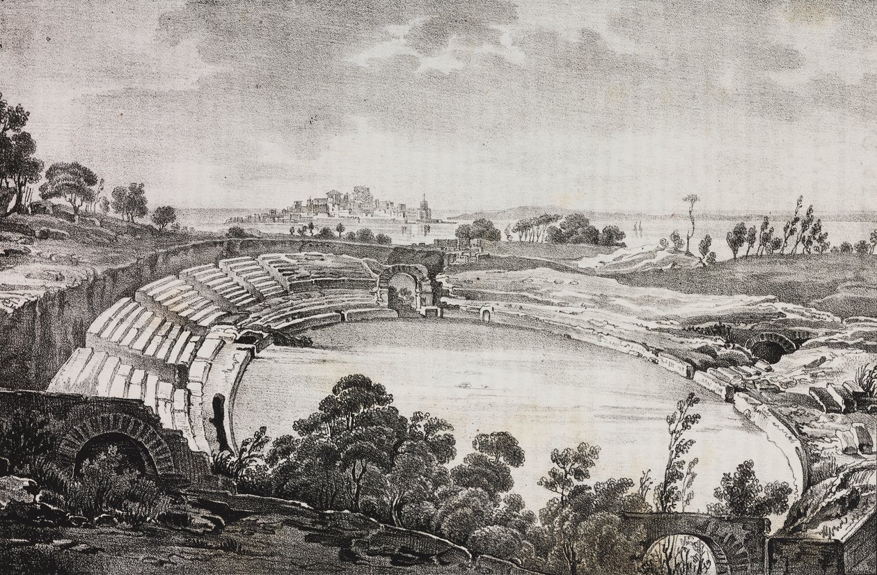意大利西西里岛锡拉丘兹圆形剧场，萨尔瓦托·普利亚 (Salvatore Puglia) 的石版画，来自 Poliorama Pittoresco，n 7，9 月 21 日 作者 萨尔瓦多·普利亚