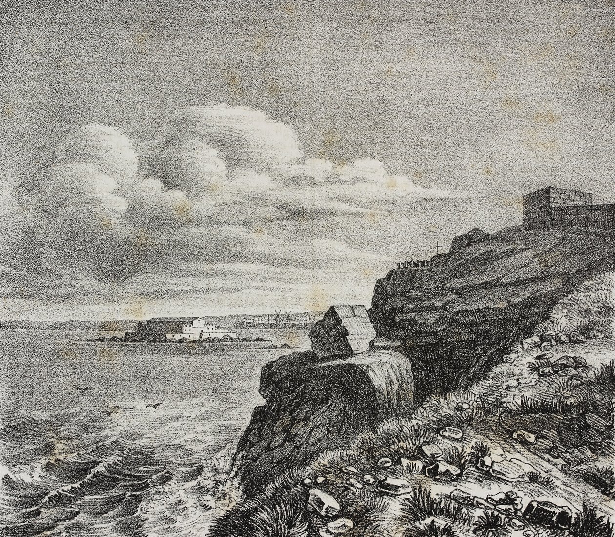 位于法国圣马洛的弗朗索瓦-雷内·德·夏多布里昂墓，Gaetano Riccio 的石版画，来自 Poliorama Pittoresco，n 32，3 月 18 日 作者 萨尔瓦多·普利亚