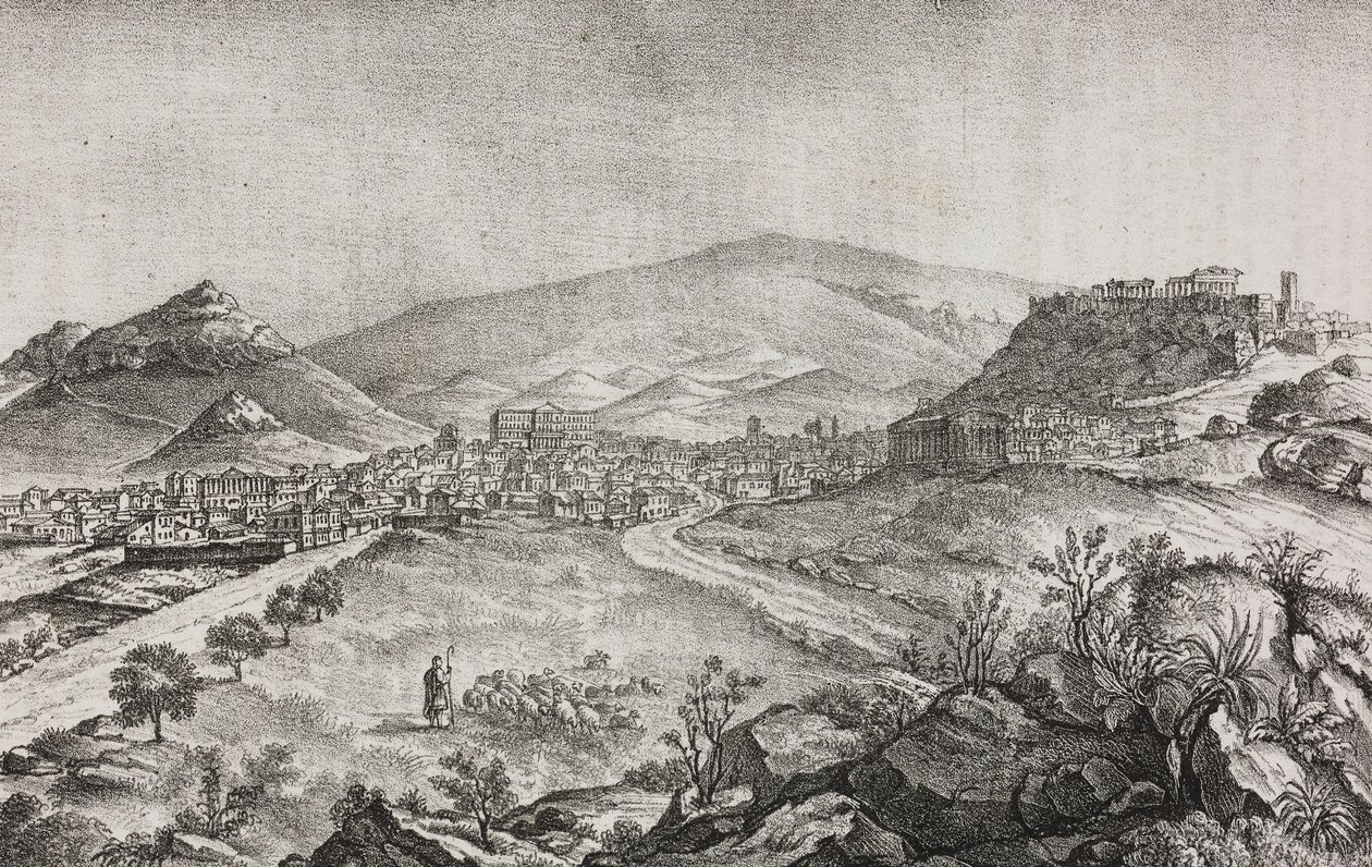 希腊雅典风景》，Salvatore Puglia 的石版画，选自 Poliorama Pittoresco，第 1 期，8 月 13 日 作者 萨尔瓦多·普利亚