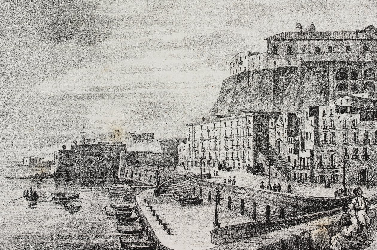 博尔戈圣卢西亚 (Borgo Santa Lucia) 景观，意大利坎帕尼亚那不勒斯，Salvatore Puglia 石版画，Poliorama Pittoresco，n 36，4 月 15 日 作者 萨尔瓦多·普利亚