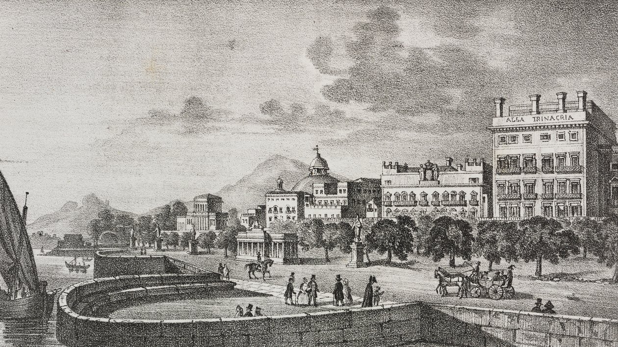 意大利西西里岛巴勒莫波旁论坛和 Trinacria 酒店景观，Salvatore Puglia 根据 Di Giovanni 的雕刻绘制的石版画，选自 Poliorama Pittoresco，第 37 期，4 月 19 日 作者 萨尔瓦多·普利亚