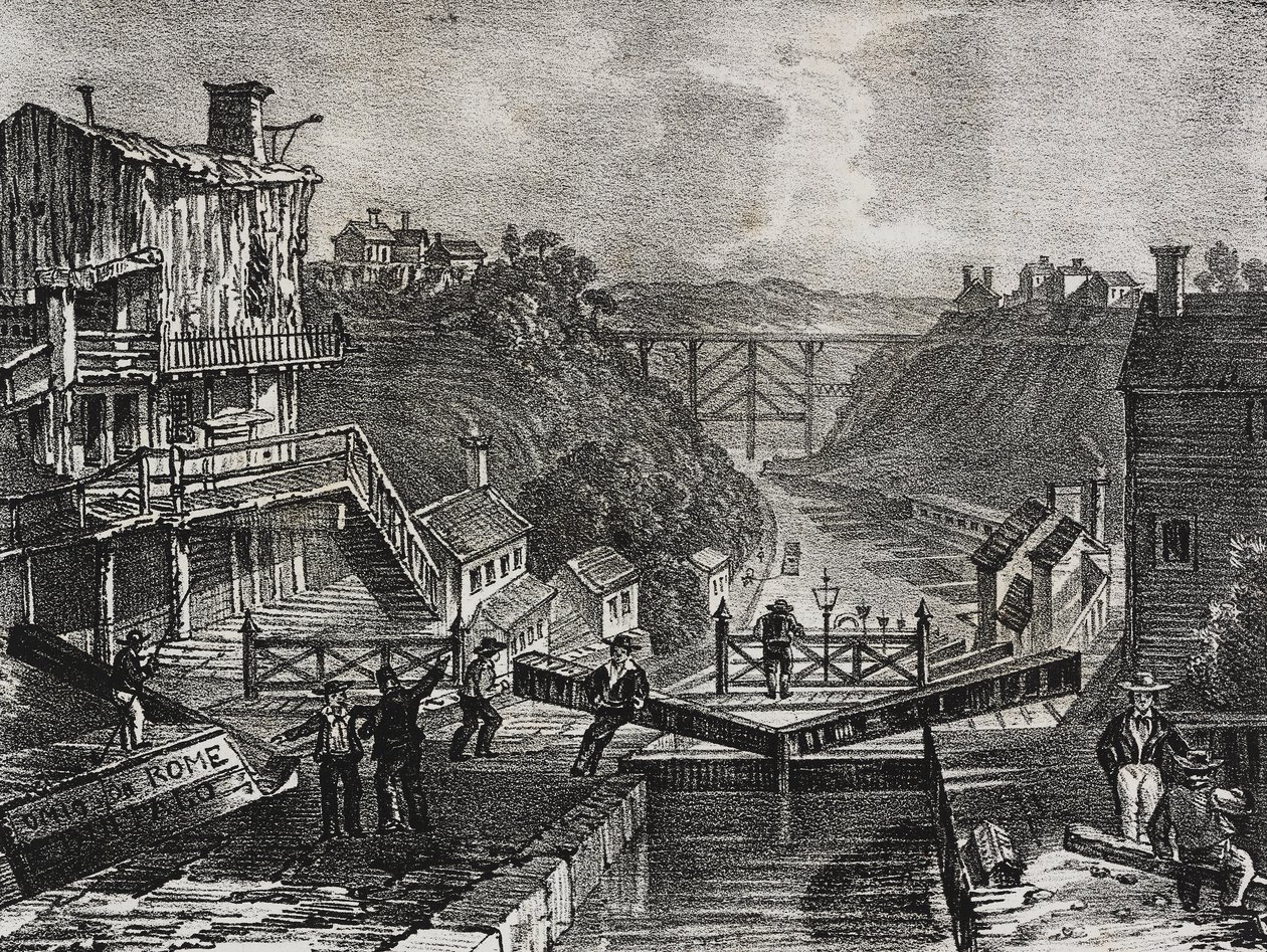 美国纽约州洛克波特景观，Salvatore Puglia 石版画，出自 Poliorama Pittoresco，n 1，8 月 10 日 作者 萨尔瓦多·普利亚