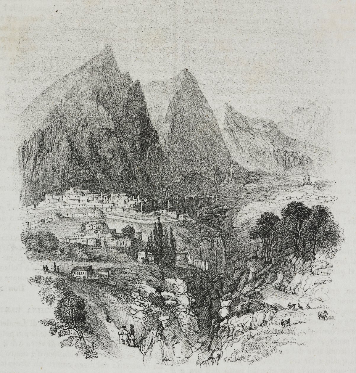 从希腊德尔斐眺望帕尔纳索斯山，Salvatore Puglia 的石版画，选自 Poliorama Pittoresco，第 46 期，6 月 25 日 作者 萨尔瓦多·普利亚