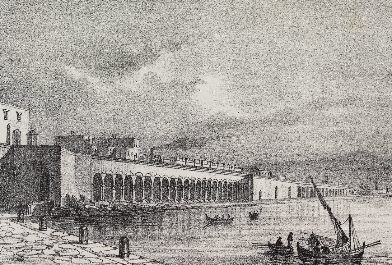 意大利坎帕尼亚 Torre Annunziata 铁路景观，Gaetano Riccio 石版画，来自 Poliorama Pittoresco，n 21，12 月 31 日 作者 萨尔瓦多·普利亚