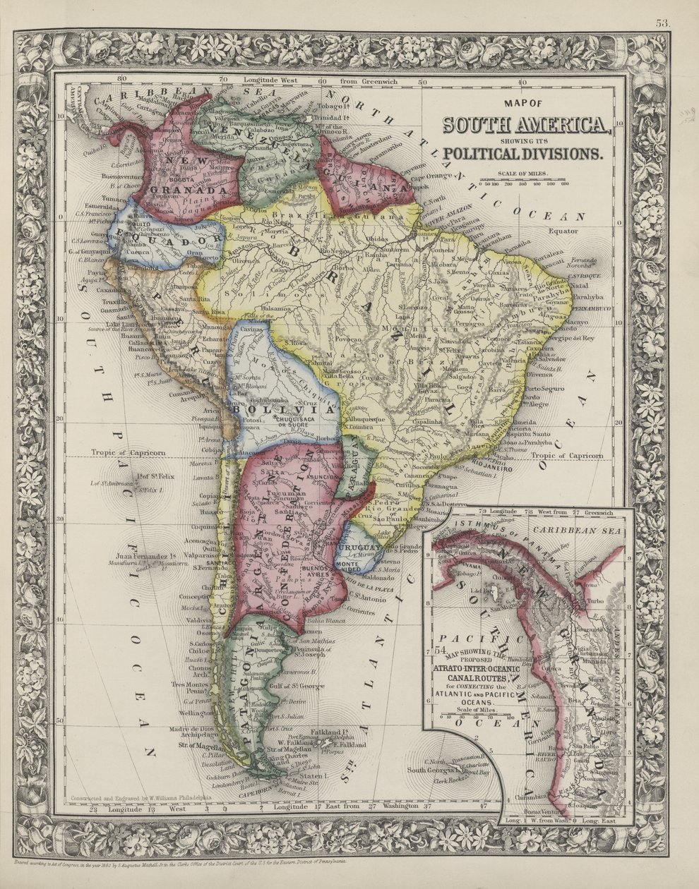 南美洲的地图显示了米切尔新的一般地图集，1863年的政治分歧 作者 塞缪尔·奥古斯都·米切尔