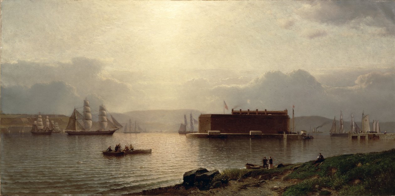 The Narrows和Fort Lafayette，船进入港口，纽约港，1868年 作者 塞缪尔·科尔曼