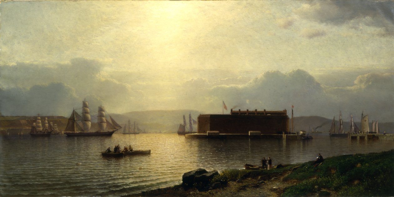 The Narrows和Fort Lafayette，船进入港口，纽约港，1868年 作者 塞缪尔·科尔曼（Samuel Colman）