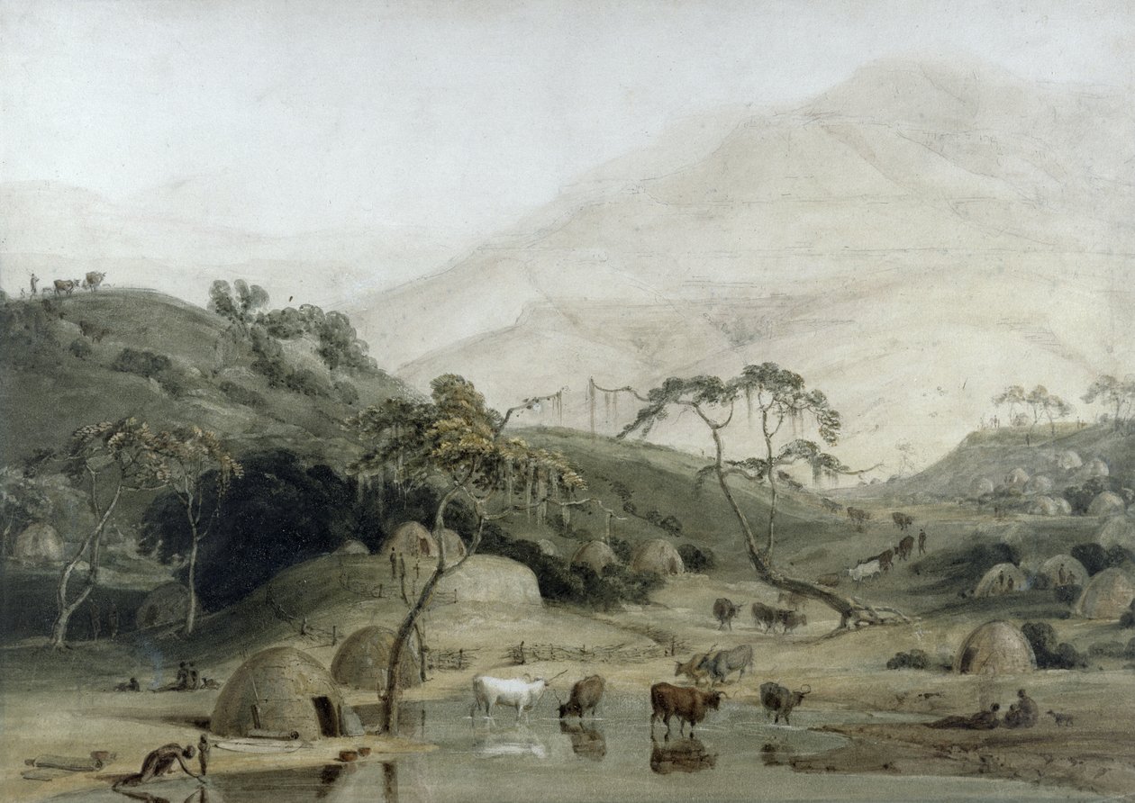 一个卡菲尔村，c.1801（wc和石墨在纸上） 作者 塞缪尔·丹尼尔