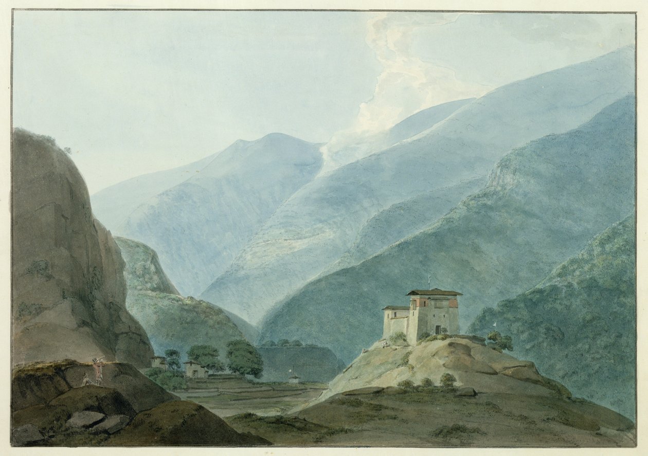 不丹的Chukha Casle，1783年（纸上石墨） 作者 塞缪尔·戴维斯（Samuel Davis）