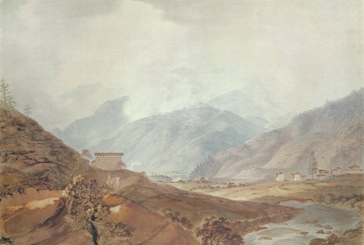 1783年，不丹廷布附近的山景， 作者 塞缪尔·戴维斯（Samuel Davis）