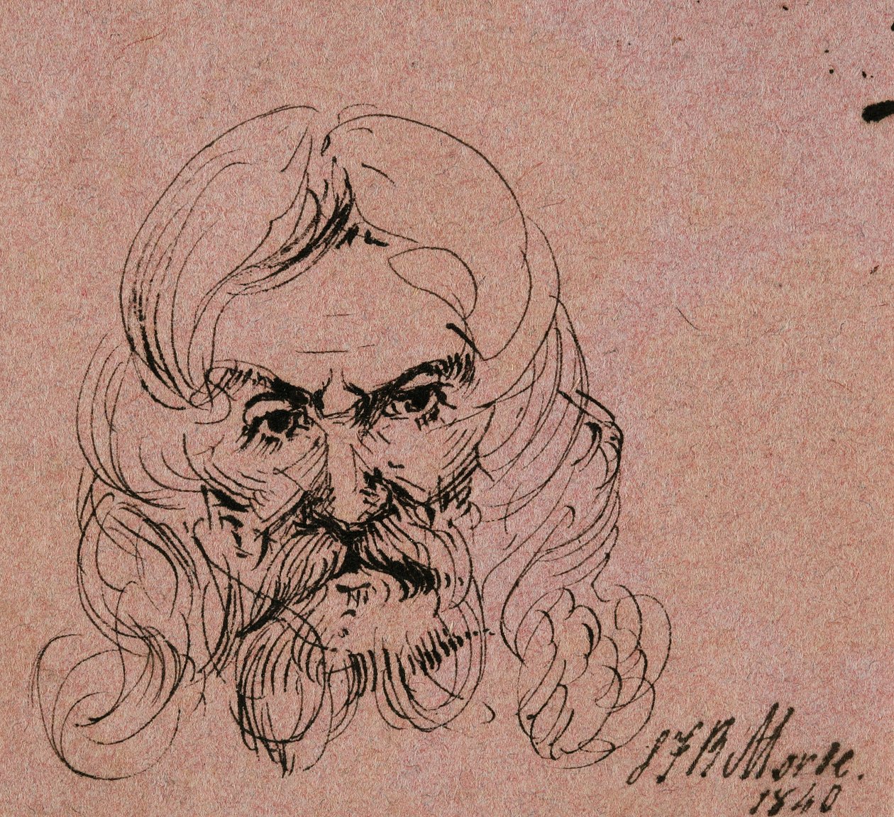 一个留着胡子的男子长头发的素描，1840年（粉笔织物上的钢笔和黑色墨水） 作者 塞缪尔·芬利·布雷斯·莫尔斯
