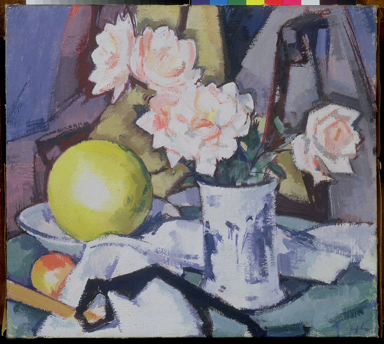 蓝色和白色花瓶，玫瑰，甜瓜和橙色 作者 塞缪尔·约翰·佩普洛