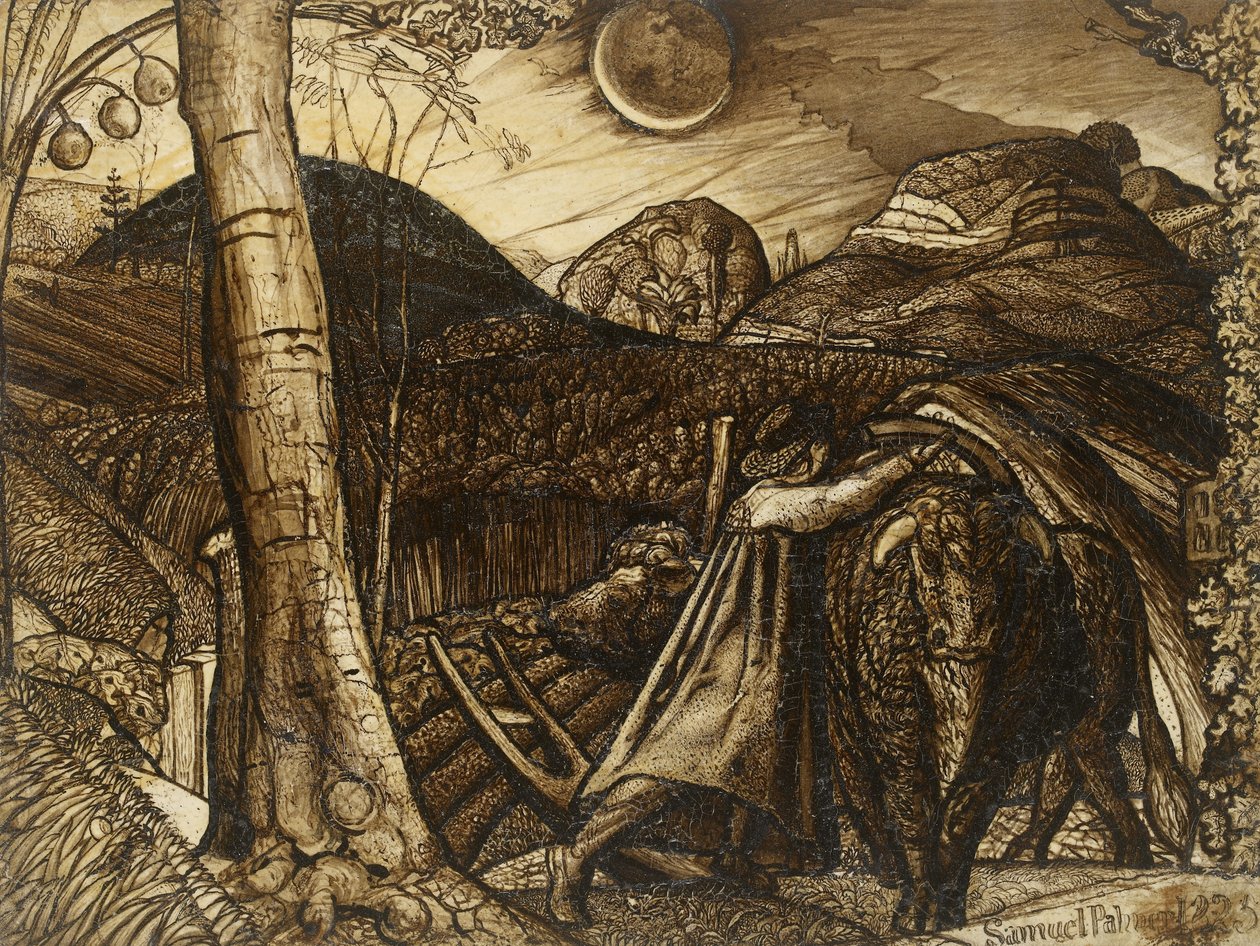 乡村风光，1823年（棕褐色的笔和画笔） 作者 塞缪尔·帕尔默（Samuel Palmer）
