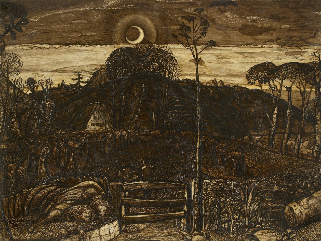 暮光之城，1825年（笔和深棕色墨水，棕褐色的刷子与阿拉伯树胶混合;涂漆） 作者 塞缪尔·帕尔默（Samuel Palmer）