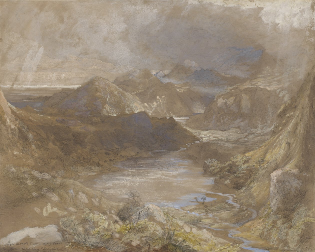 Llngngwynedd和Llyn-y-ddina的一部分位于北威尔士的Capel Curig和Beddegelert之间，1835-36（纸上有水粉和石墨） 作者 塞缪尔·帕尔默（Samuel Palmer）