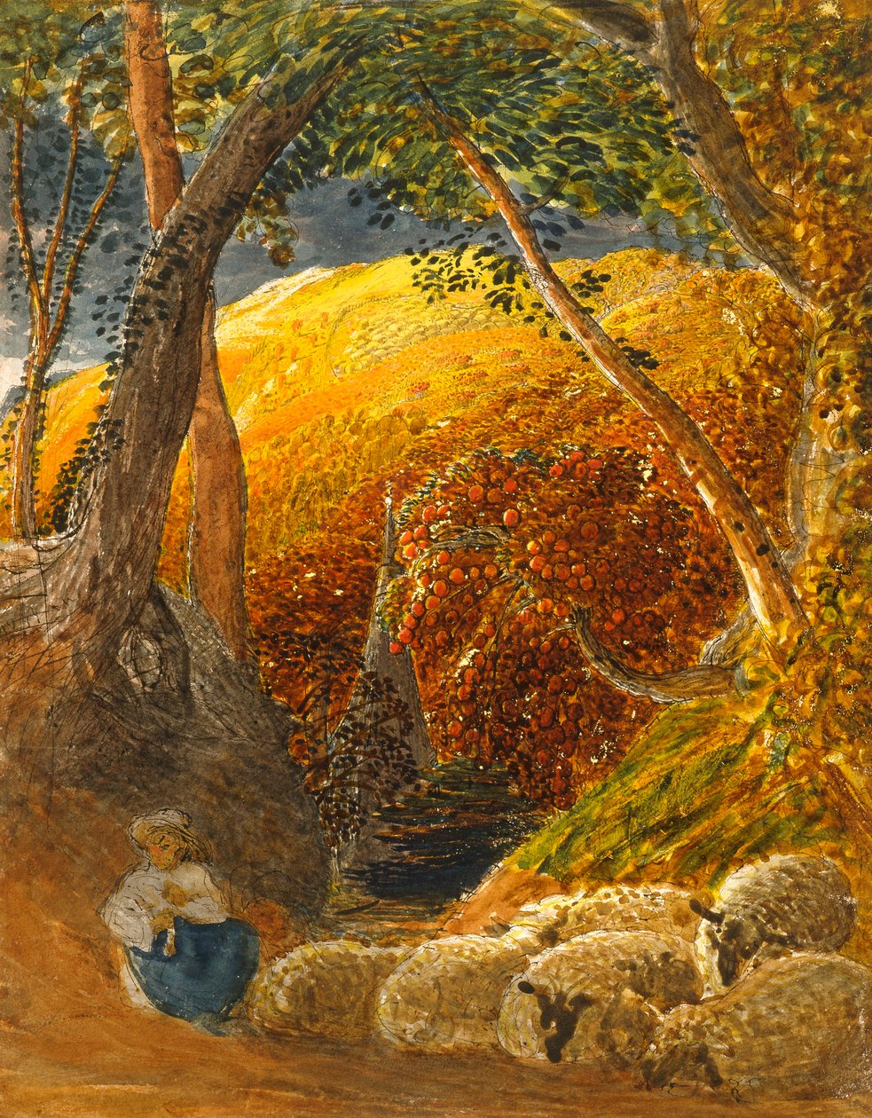 魔术苹果树（印度墨水和wc） 作者 塞缪尔·帕尔默（Samuel Palmer）